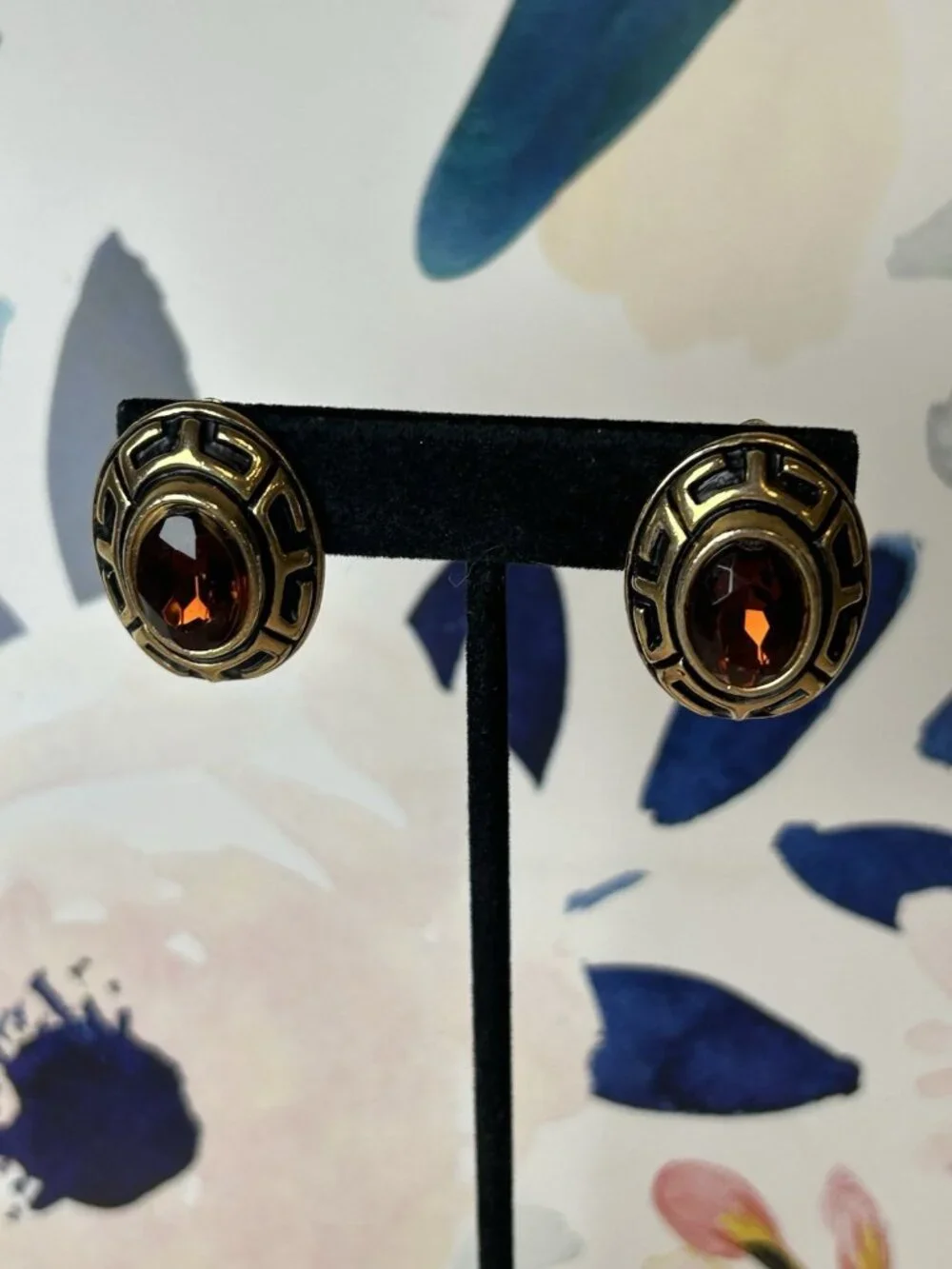 Vtg Chunky Gold Tone Oval Faceted Brown Topaz Colored Glass Clip On Earrings